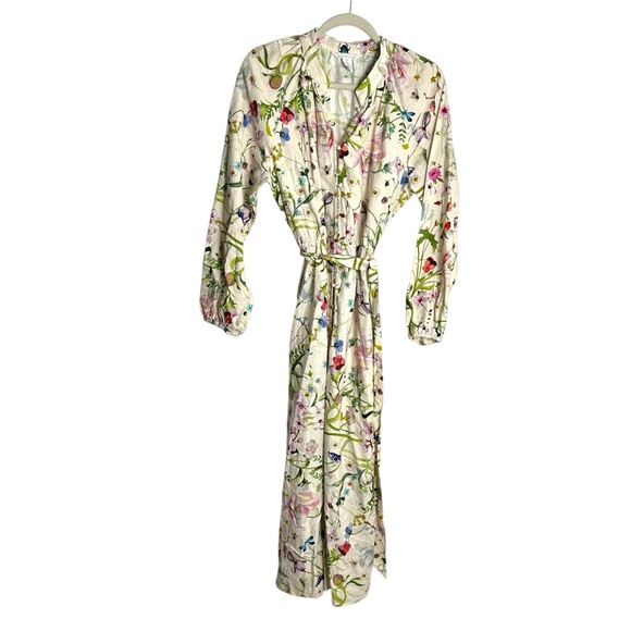 H&M Linen Blend Maxi Dress 🌿 Floral Botanical Print Long Sleeve Belted Size S - Picture 1 of 11